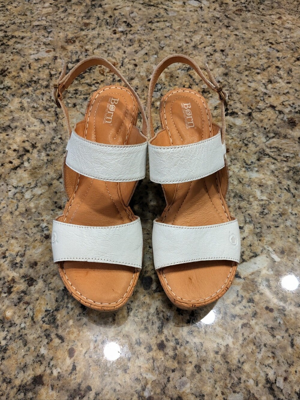 NWOT Born White Leather Two-Band Slingback Wedge Sandals with Tan Footbed